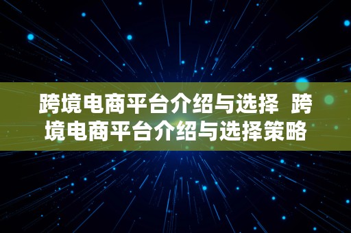 跨境电商平台介绍与选择  跨境电商平台介绍与选择策略